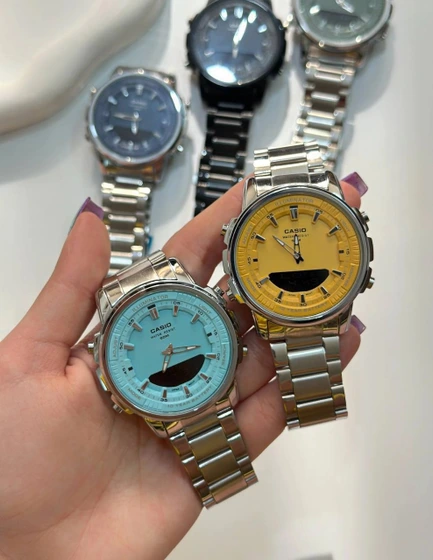 ساعت مچی مردانه کاسیو با دو زمانه و بند استیل casio - آبی فیروزه‌ای