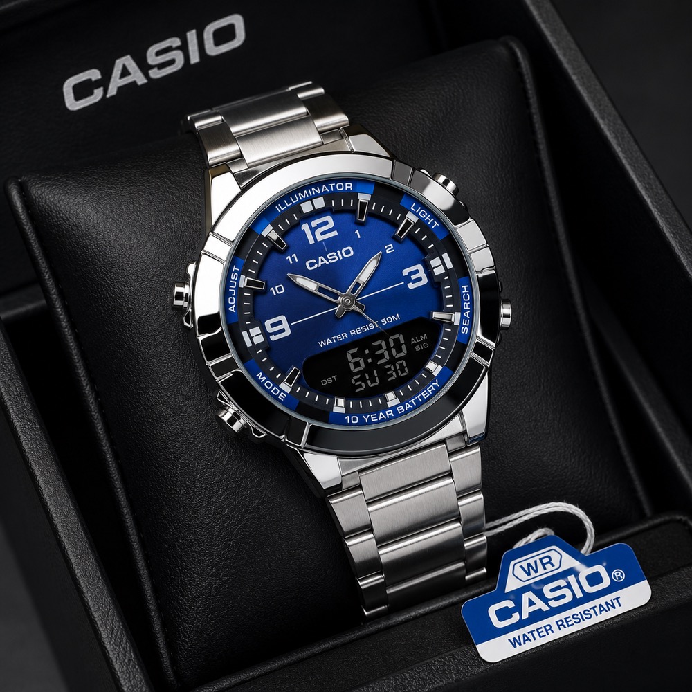 ساعت مچی مردانه کاسیو دو زمانه استیل صفحه سرمه ای casio