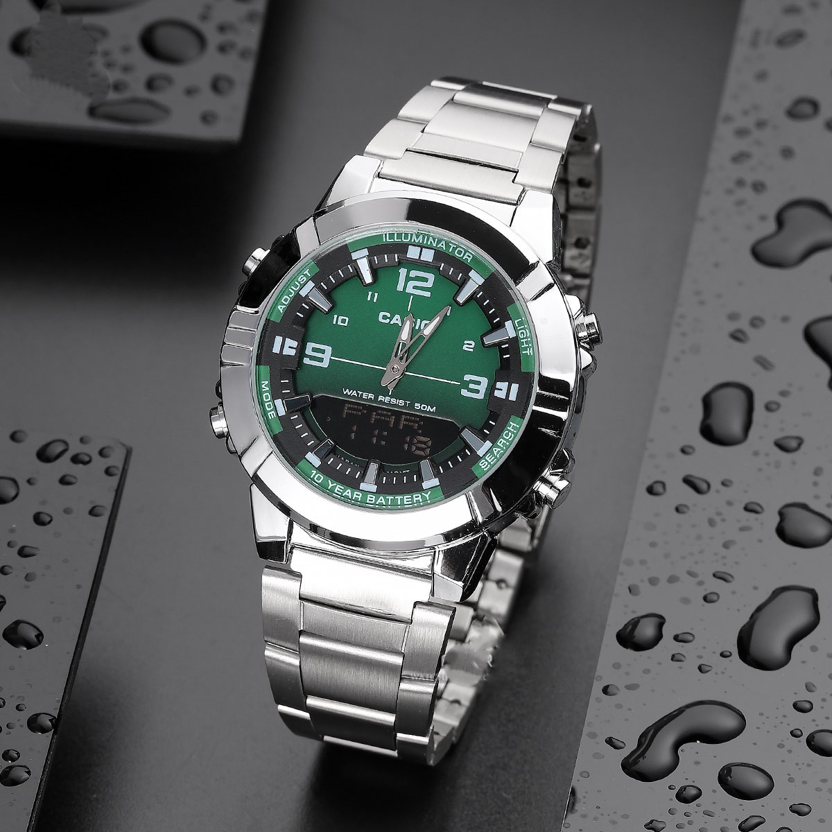 ساعت مچی مردانه کاسیو دو زمانه استیل صفحه سبز casio
