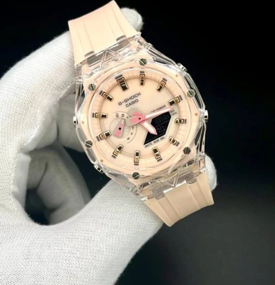 ساعت مردانه جی شاک پمپی 2100 کرم صفحه کرم صورتی G-Shock