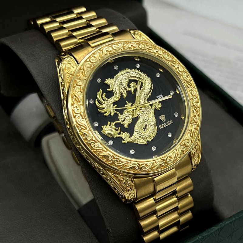 ساعت مچی مردانه رولکس دراگون طلایی صفحه مشکی rolex