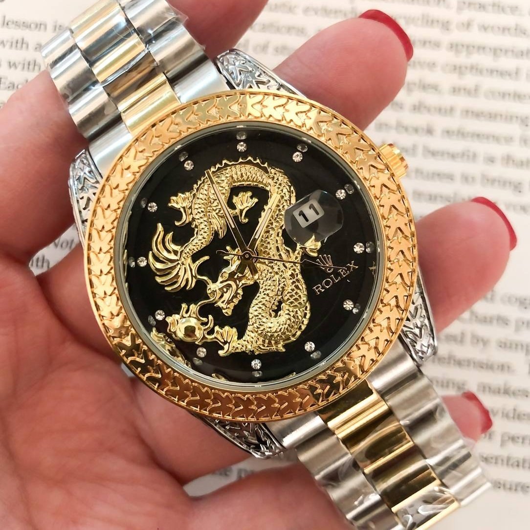 ساعت مچی مردانه رولکس دراگون طلایی نقره ای صفحه مشکی rolex