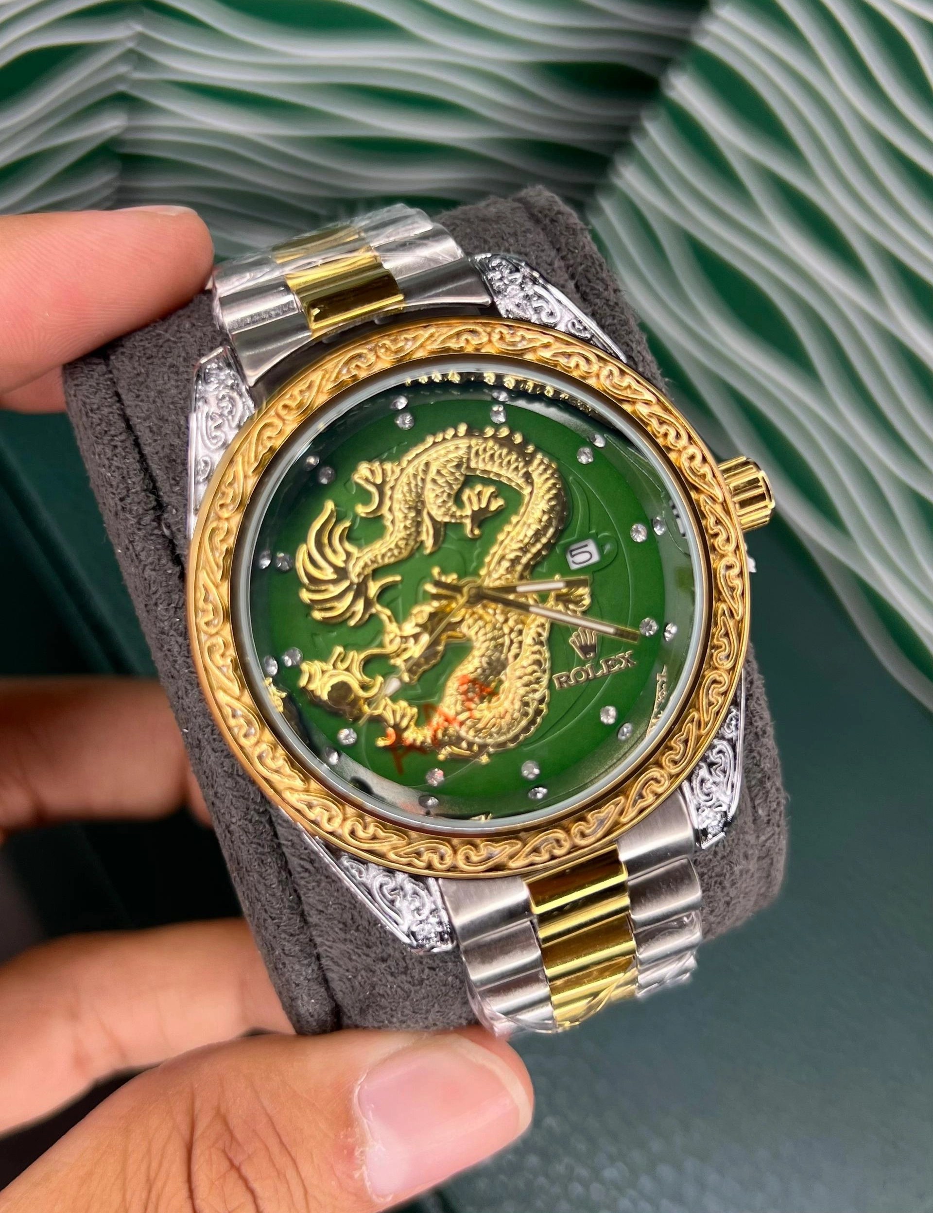 ساعت مچی مردانه رولکس دراگون طلایی نقره ای صفحه سبز rolex