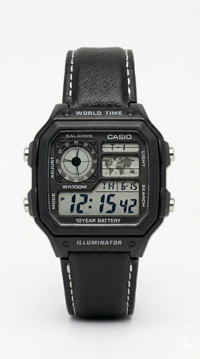 ساعت مچی مردانه کاسیو جهان نما بند چرم مشکی casio