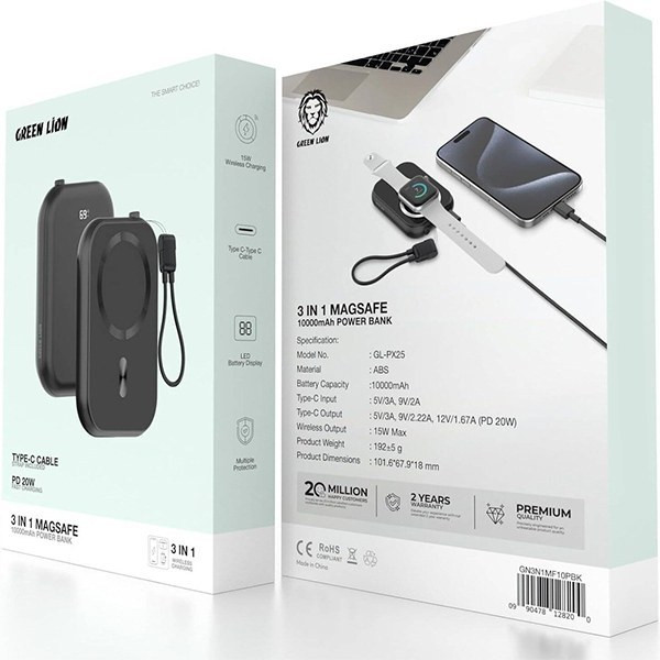پاوربانک گرین لاین مدل 3IN1 MAGSAFE ظرفیت ۱۰ هزار میلی آمپر ساعت