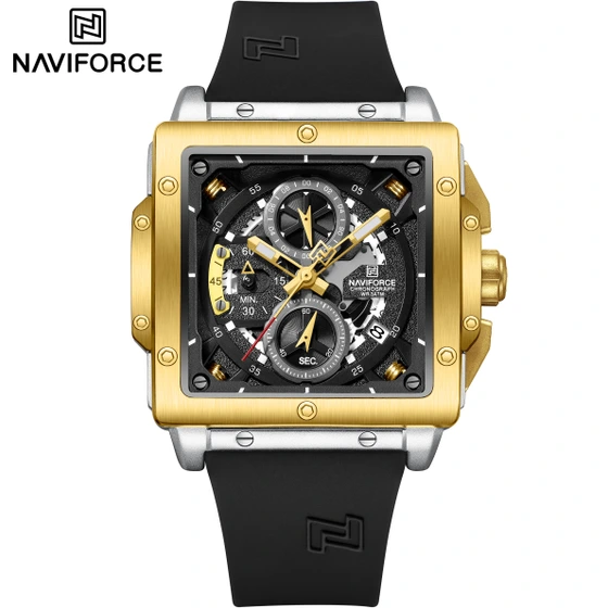 ساعت مچی مردانه نیوی فورس سیلیکونی مدل NAVIFORCE 8064 نقره ای طلایی